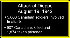 Attack at Dieppe (August 19,1942): 907 Canadians killed & 1,874 taken prisoner